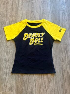 Deadly Doll Navy Blue & Yellow Graphic Raglan Tee